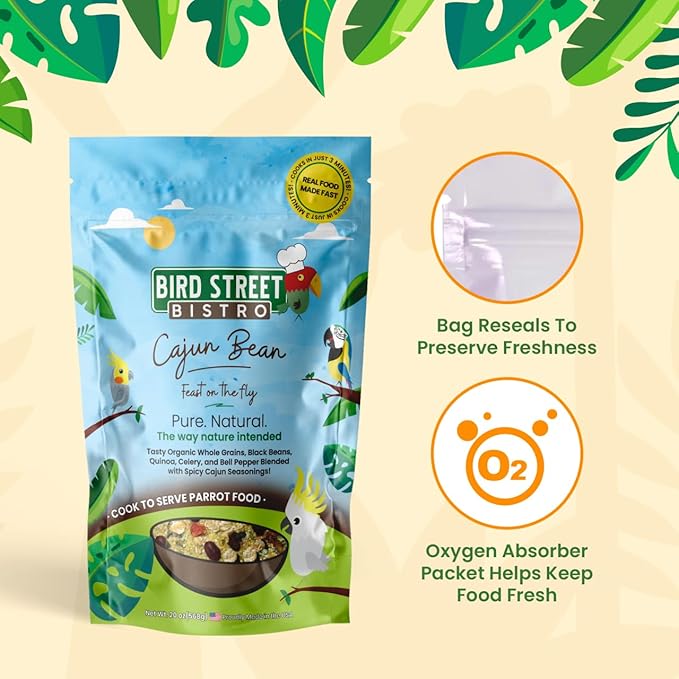 Bird Street Bistro Parrot Food for Parakeets & Cockatiels - Cajun Bean - 20 oz - Cooks in 3-15 min, Natural & Organic Grains, Fruits & Vegetables - USA Made