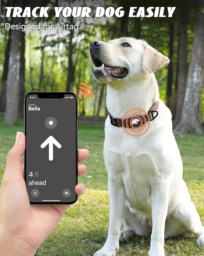 Joytale Airtag Dog Collar, Reflective Pet Collar with Waterproof AirTag Holder, Dual D-Rings, Soft Padded Adjustable for Large Dogs, Brown, L