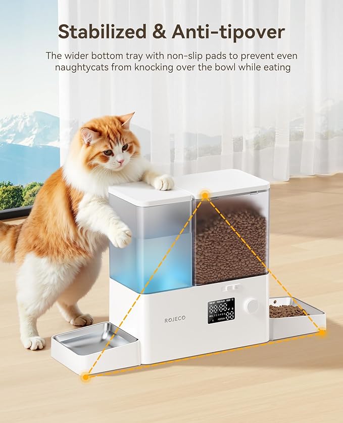 Rojeco 36Cups/8.5L Pet Automatic Cat Feeder and Gravity Water Dispenser,Stainless Steel Bowls 2-in-1 Set Large Capacity 5L Food Feeder and 3.5L Water Fountain for Cats,Pets,Small Dogs,Puppies,Kittens
