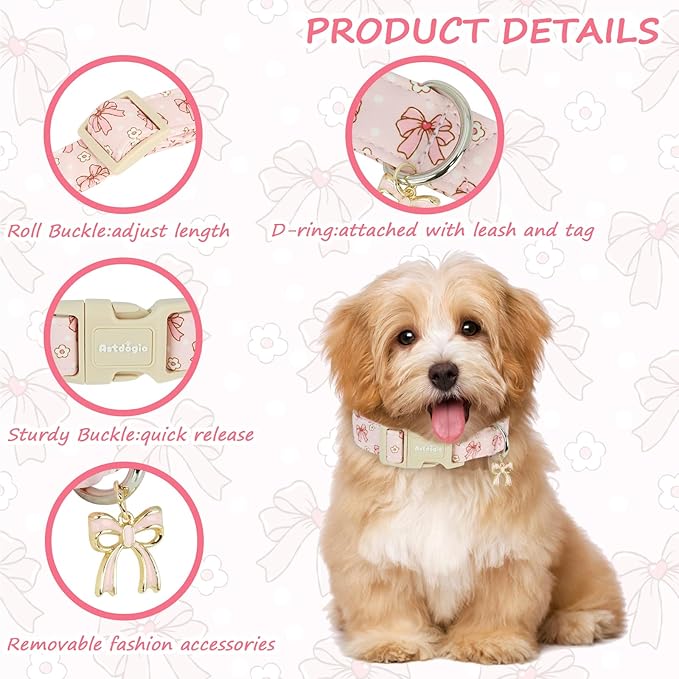 Pink Bow Dog Collar with Flower, Adjustable Cotton Puppy Collar, Cute Girl Boy Dog Collars for Small Medium Large Dogs, Ideal for Gifts,Pet Accessory,XS