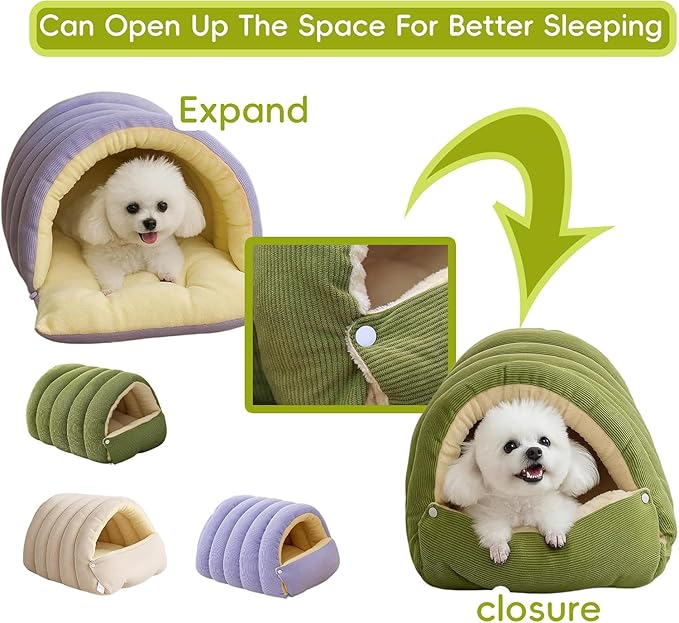Removable and Washable Winter Closed-Off Cat Bed, Cat Winter Cave, Cute Cat Beds for Indoor Cats, Disassembled Design for Easier Cleaning, with Hair Remover (Green+Purple, 22.4 * 14.6 * 11.0 in)