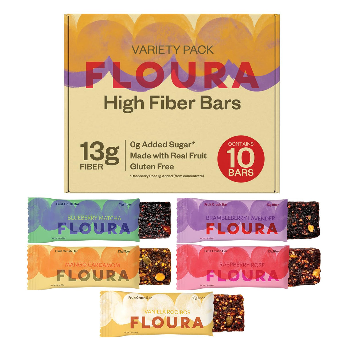 Floura Variety Pack Fruit-Forward Fiber Bars– High Fiber, Vegan, Gluten & Dairy Free, Low Calorie Healthy Snack Bars with Upcycled Produce for Gut Health [12 Pack- 2 of Each Flavor]