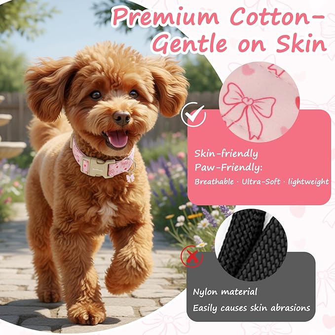 Pink Bow Dog Collar, Adjustable Cotton Dog Collar for Small Medium Large Dogs, Cute Puppy Collars for Girl Female Dogs, Ideal for Gifts,Pet Accessory,XS