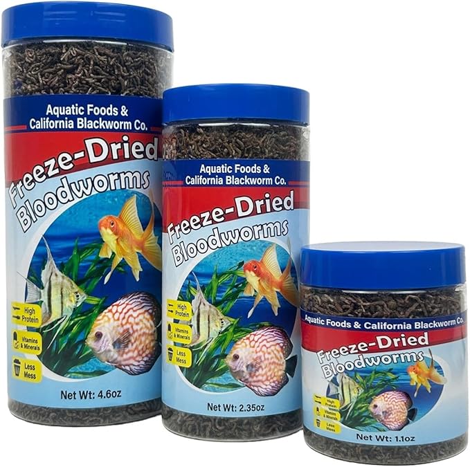 Aquatic Foods Inc. Bloodworms, Grade A Freeze Dried Floating Bloodworms for Cichlids, Discus, Goldfish, Bettas, Angel Fish, Marine Fish, 12-Type Pellet Mix & 4-Type Wafer Mix Included..4.6oz Canister
