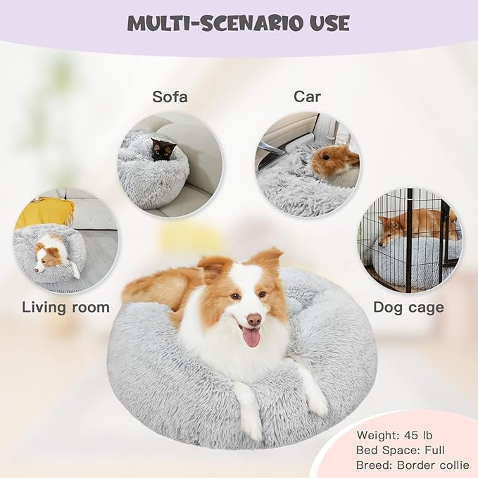 Himax Donut Dog Beds for Large Dogs with Blanket, Cozy Soft Fluffy Round Dogs Beds, Calming Dog Bed Washable (20"/26"/35") Light Grey