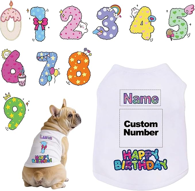 Custom Dog Birthday Shirt,Personalized Pet Apparel Print with Name Age Number,Pet Birthday Outfit,Lightweight Breathable Cotton Vest for Small Medium Large Dogs Cat (White, 3X-Large)