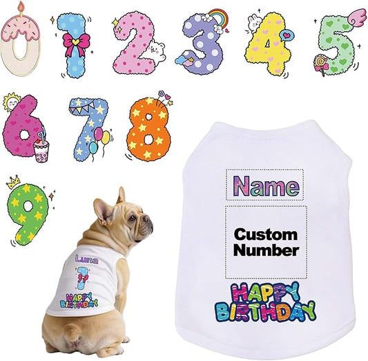 Custom Dog Birthday Shirt,Personalized Pet Apparel Print with Name Age Number,Pet Birthday Outfit,Lightweight Breathable Cotton Vest for Small Medium Large Dogs Cat (White, 3X-Large)