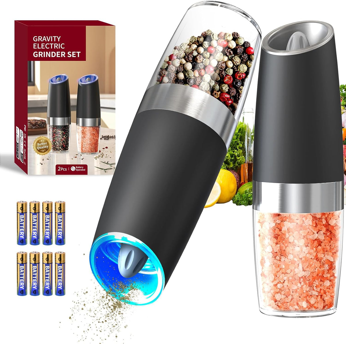 CIRCLE JOY Gravity Electric Salt and Pepper Grinder Set – Automatic LED Light Salt & Pepper Mills