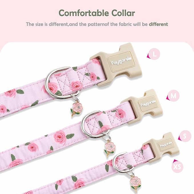 Faygarsle Pink Floral Dog Collar with Roses Pattern, Spring Summer Design for Small Medium Large Dogs L
