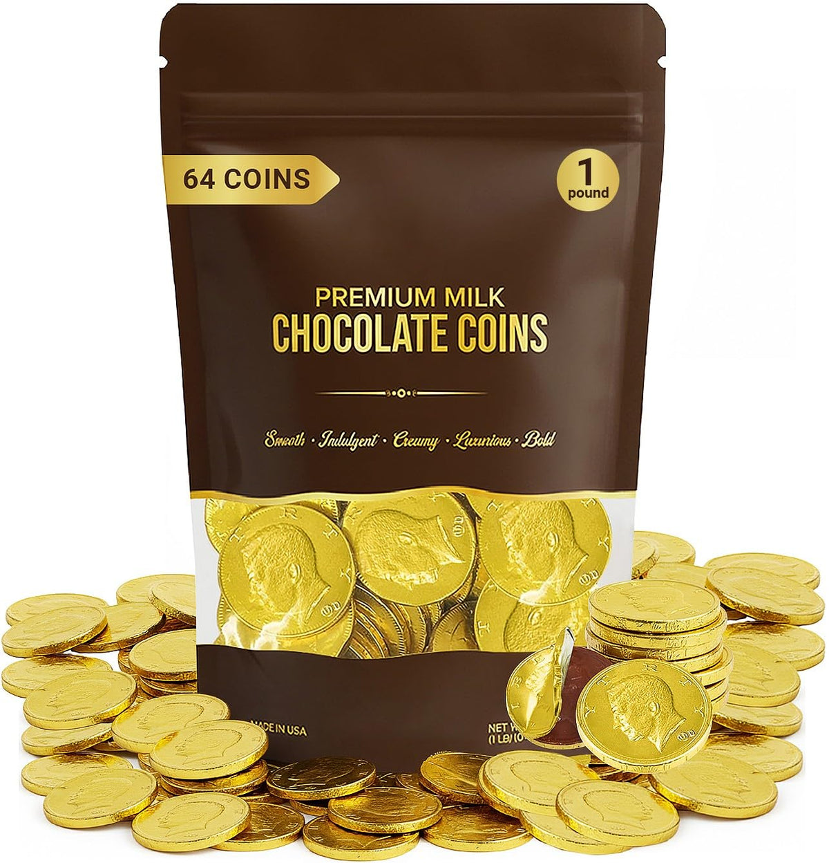 Large Chocolate Gold Coins, 32-Pack, Milk Chocolate Candy, 1.5 Inch Half Dollar Size, Gold Foil, Individually Wrapped Party Favors For Holidays, Candy Buffets, Goodie Bags, Treasure & Easter Hunts