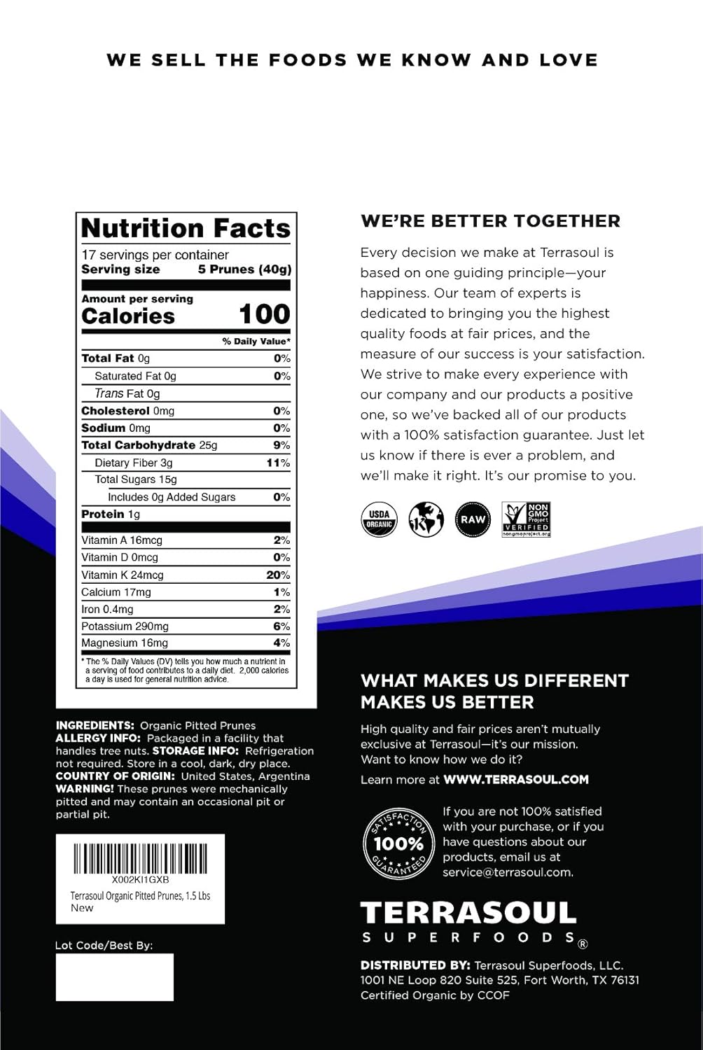 Terrasoul Superfoods Organic Dried Pitted Prunes, 1.5 Lbs - Fiber | Vitamin K | Preservative Free