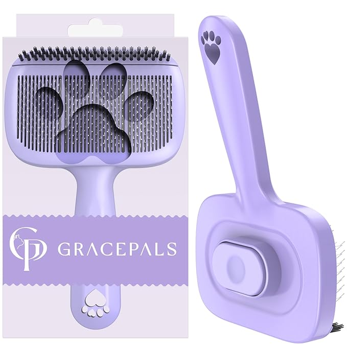 Self Cleaning Dog Brush for Shedding - Bristle Brush and Long/Short Needles Design, Skin Friendly, Slicker Deshedding Dog Brush, Hair Removal for Long & Short Haired Pets (Purple)