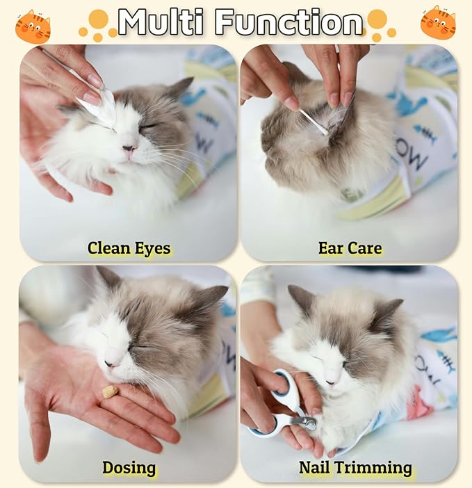 27.6" Cat Wrap for Grooming-Premium Cat Grooming Wrap Cat Restraint for Nail Clipping, Self-Adherent Soft Cat Blanket to Wrap Cat Anti-Scratch Anti-Escape Grooming Bag (White, XL(Within 17lbs))-