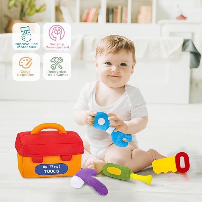 KMUYSL Baby Toys 6-12 Months, My First Tools Plush Toys -4 Pcs Sensory Playset Soft Toys with Squeaker Crinkle for 6-9-12 Months Newborn Infant, Birthday Christmas Gifts for Boys Girls