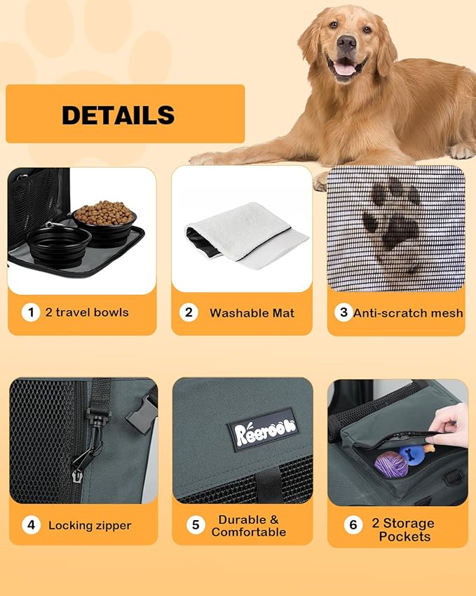 Extra Large Dog Crate with 2 Foldable Bowl, 40 Inch Collapsible Travel Dog Crate Kennel with Soft Blanket for Medium Dogs,Indoor & Outdoor (40" L x 27" W x 27" H, Grey)
