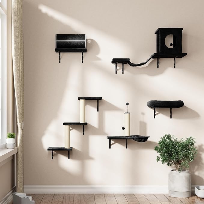 NUNU LAB 7-in-1 Wall Mounted Cat Climber Set, Cat Furniture with House, Tunnel, Bridge, Steps, Scratcher, Hammock, Shelves for Indoor, Black