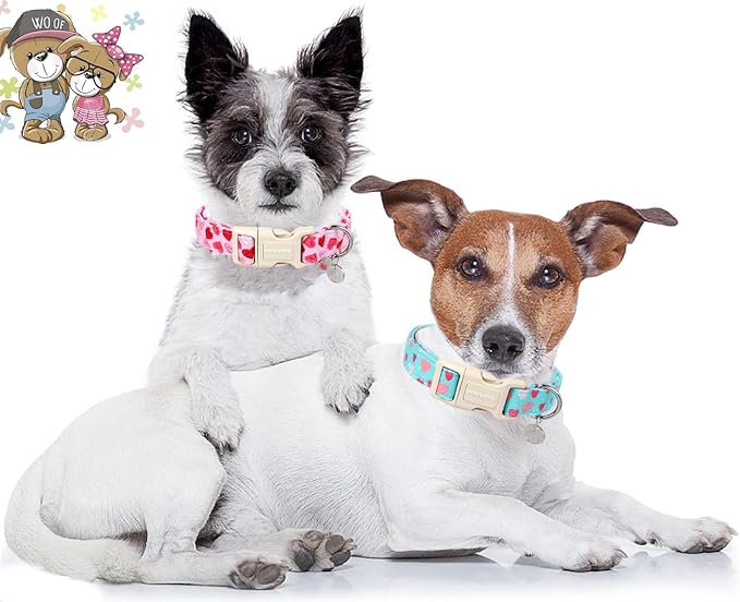 DOGWONG Valentine's Dog Collar - Pink Heart Adjustable Cotton Heart Dog Collar - Perfect for Small to Medium Dogs