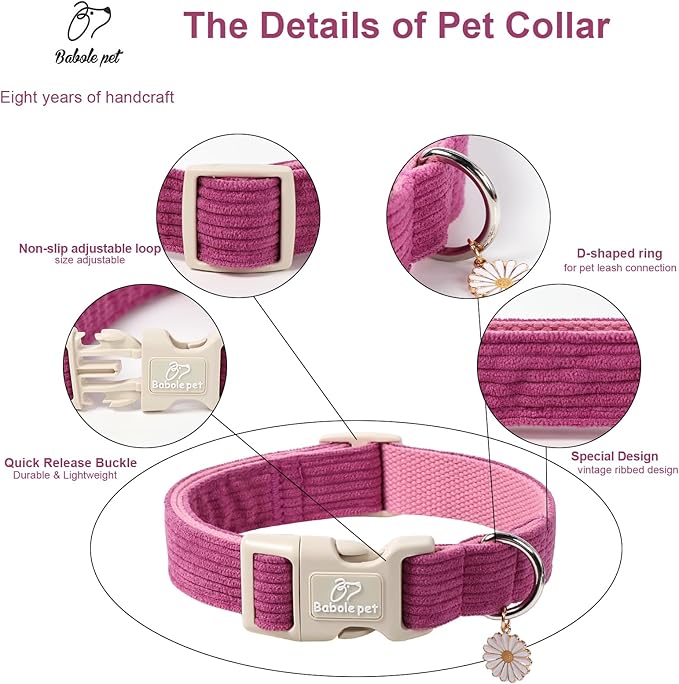Cute Corduroy Dog Collar - Fuchsia Adjustable Dog Collars for X-Large Dogs 80+lbs, Fade-Proof with Secure Snap & Little Charm, Christmas Birthday Gift, XL