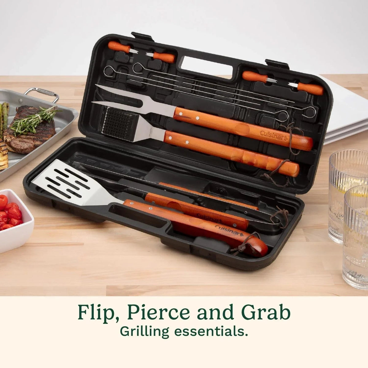 Cuisinart 13-Piece Wooden Handle Grill Tools Set, Grill Utensils Set BBQ Accessories, Durable Stainless Steel Spatula, Tongs, Cleaning Brush & More, Compact Case, Grilling Gifts for Men, CGS-W13