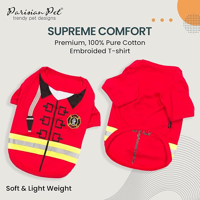 Parisian Pet Embroidered Firefighter Costume - 100% Cotton & Polyester Dog Clothes - Sleeved Red Dog Costume - 3XL