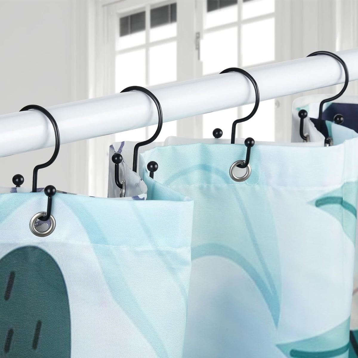 Goowin Shower Curtain Hooks, 12 Pcs Shower Curtain Rings, Durable Rust Proof Black Shower Curtain Hooks, Shower Rings for Curtain, Double Glide Shower Hooks for Shower Curtain Rods, Black