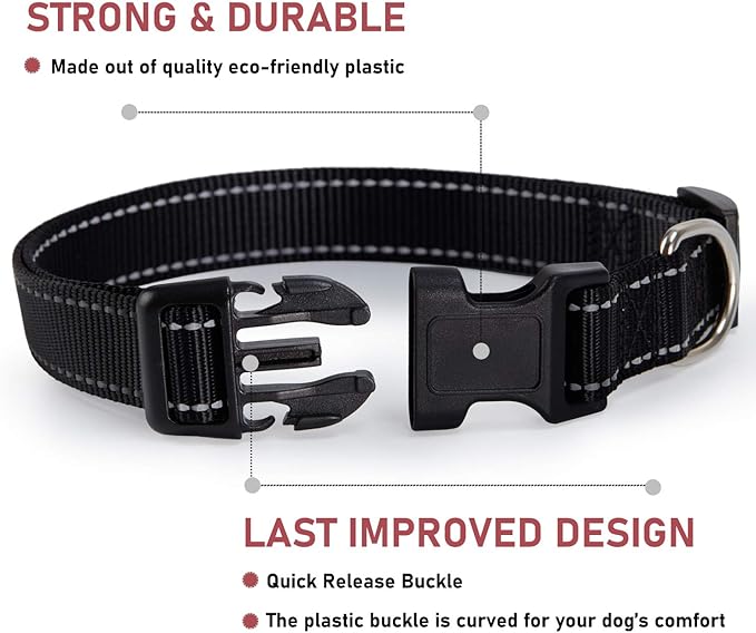 Reflective Dog Collar with Buckle Adjustable Safety Nylon Collars for Small Medium Large Dogs, Black L
