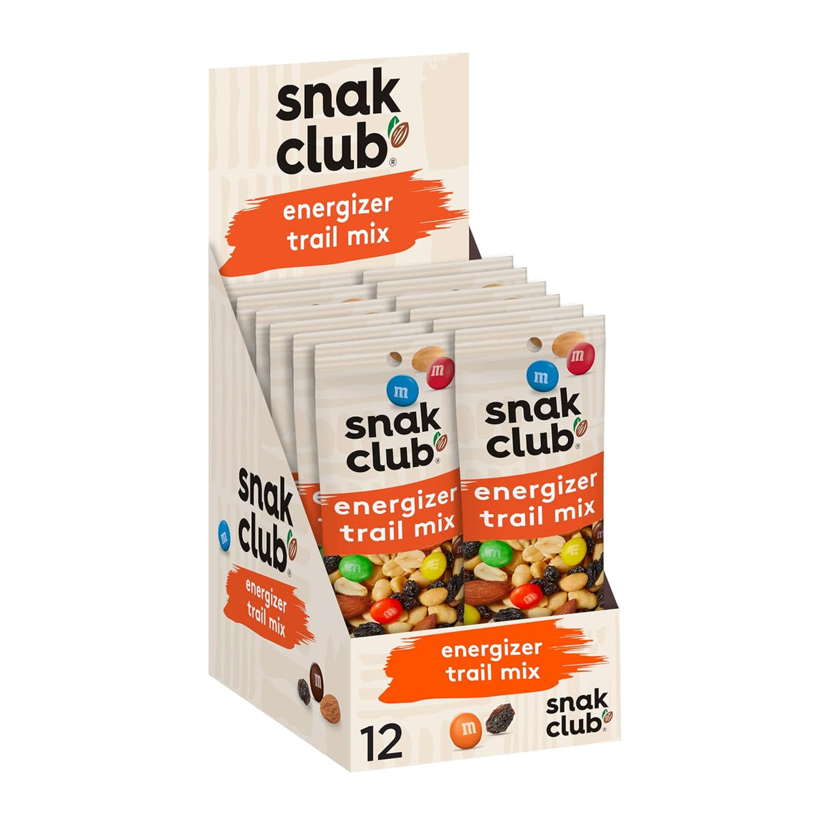 Snak Club Energizer Trail Mix with Roasted Salted Peanuts, Raisins, Chocolatey Candies, Roasted Almonds, Gluten-Free and Kosher Snack, 2 oz Bags, 12 Pack