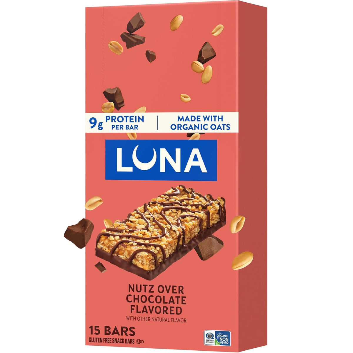 LUNA Bar - Nutz Over Chocolate Flavor - Gluten-Free - Non-GMO - 7-9g Protein - Made with Organic Oats - Low Glycemic - Whole Nutrition Snack Bars - 1.69 oz. (15 Count)