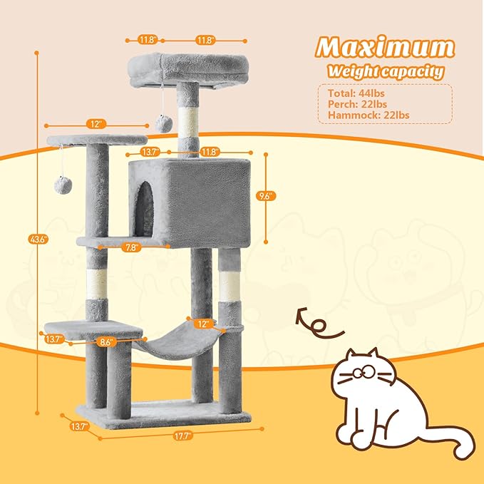 Cat Tree Tower 44 Inch, Small Cat Tower with Condo, Hammock, Sisal Scratching Posts, Extended Perch, Pet Play House for Indoor Kittens and Cats, Light Grey