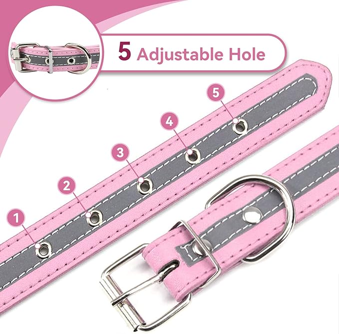PETCARE Reflective Dog Collar with Cute Paw Rivet Studded Funny Soft PU Leather Adjustable Puppy Dog Collars for Small Medium Large Dogs Cats (Pink,Medium)