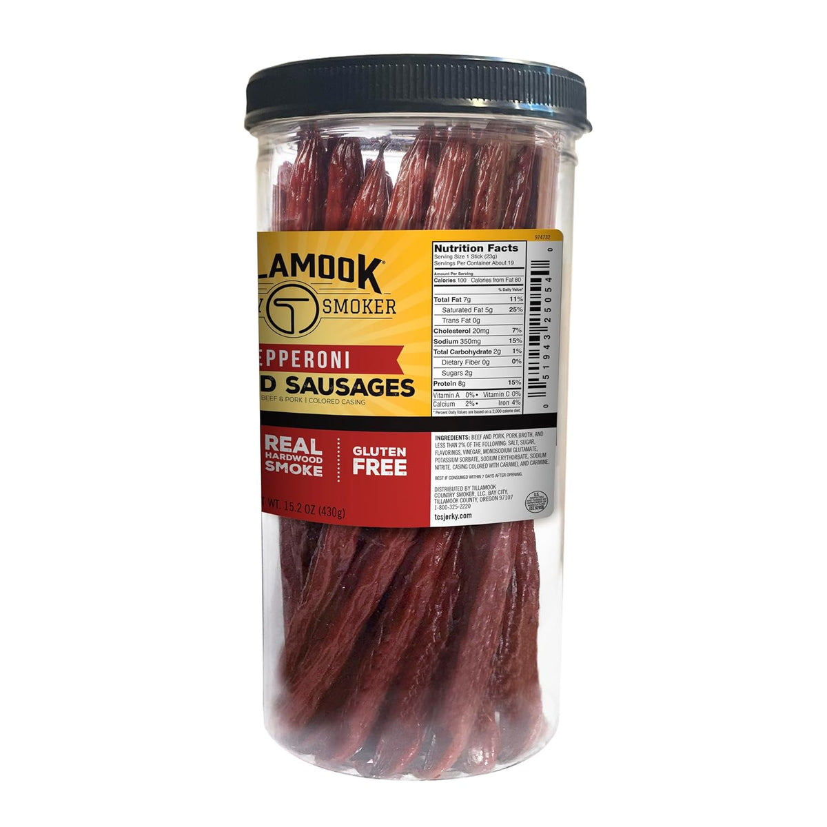 Tillamook Country Smoker Real Hardwood Smoked Sausages, Pepperoni, 15.2 Ounce Tall Jar, 20 Count