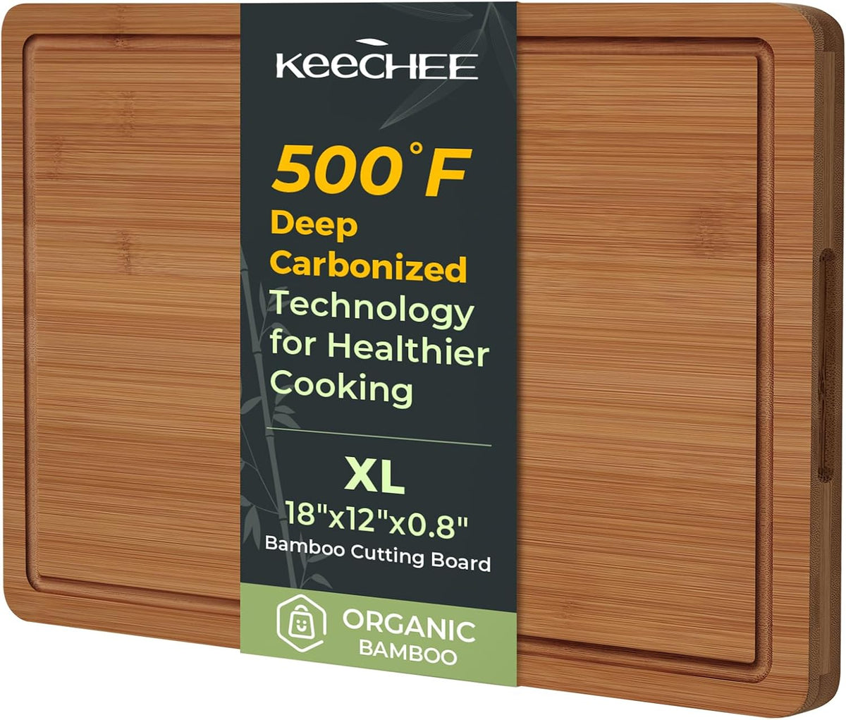 Bamboo Cutting Board, Durable Wood Cutting Boards for Kitchen with Deep Juice Grooves & Built-in Handles, Ideal Charcuterie & Chopping for Meat, Vegetables and Fruits Ideal Kitchen Gifts