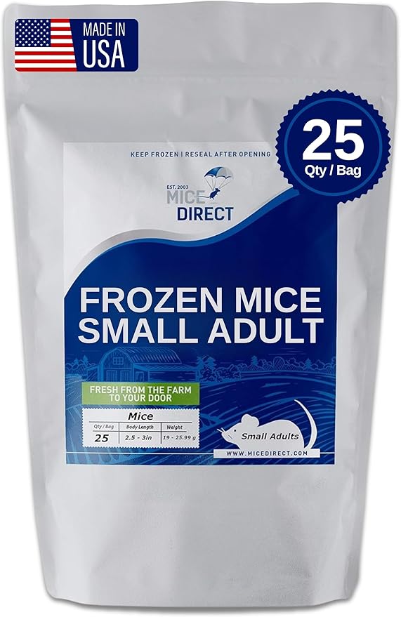 MiceDirect EST. 2003 25 Frozen Mice Small Adult Feeders Snake Food for Juvenile Red Tail Boas Ball Pythons Adult Sand Boas Milks Corn (2.5-3 in) (475 Grams Min)