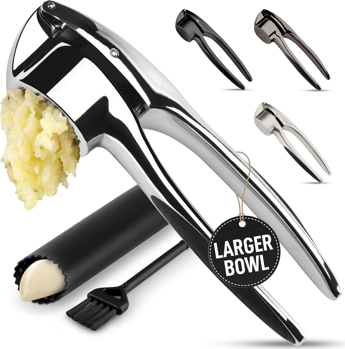 Zulay Kitchen Premium Garlic Press Set - Rust Proof Professional Garlic Mincer Tool - Easy-Squeeze, Easy-Clean with Soft, Ergonomic Handle - Silicone Garlic Peeler & Brush (Silver)