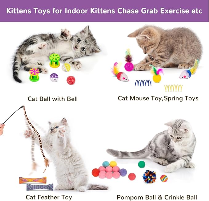 Retro Shaw Cat Toys Pack with Tunnels, Interactive Kitten Toys for Indoor Cats Kitty, Kitten Tube Tent Feather Wand Teaser Bell Fuzzy Ball Crinkly Springs Mouse (33 Pcs Large Cat Tunnel Toys Set)