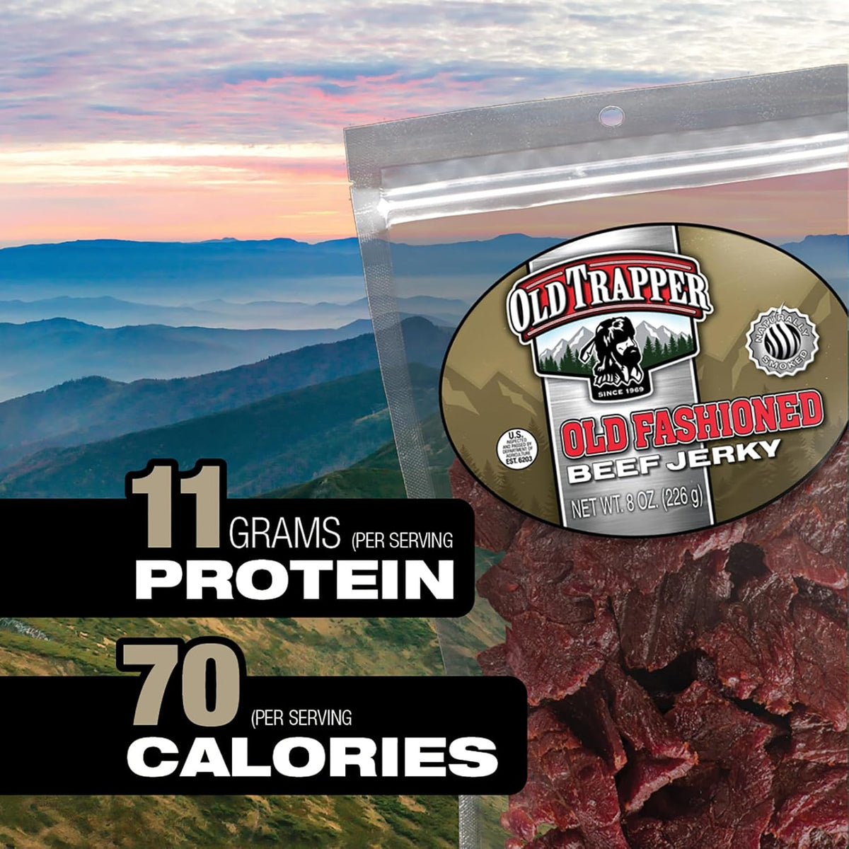 Old Trapper old fashioned beef jerky, tender meat snacks with 11 grams of protein, zero grams of fat, and 70 calories per serving