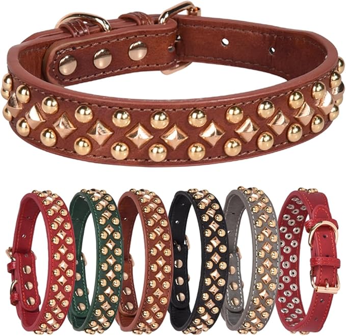 Spiked Dog Collar Soft Pu Leather Mushrooms Rivet Spike Studded Puppy Adjustable Pet Collars for Small Breeds (L, Green3)