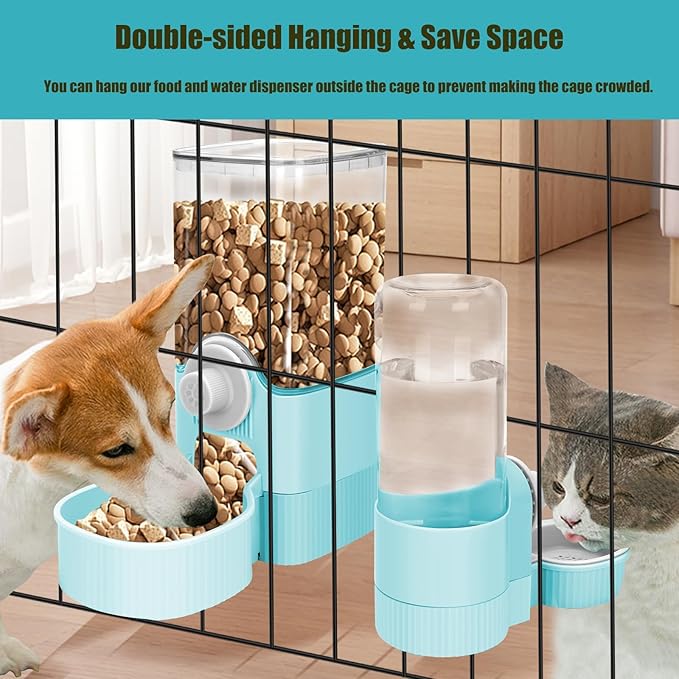 GPY Automatic Hanging Gravity Pet Feeder and Water Dispenser Set ，Automatic Dog Feeder and Dog Water Dispenser for Dogs Cats Pets Animals Large Capacity (Blue Water Feeder&Food Feeder) (Blue)