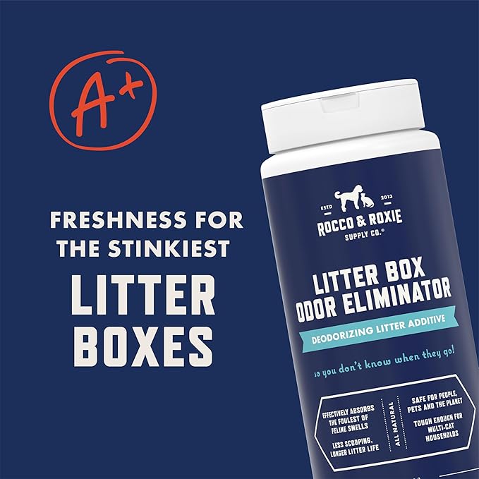 Rocco & Roxie Litter Box Odor Eliminator, Best Natural Urine Deodorizer for Cat Litter Boxes Cats Smell Control, Odor Absorber, Safe for Kitty, 12 oz