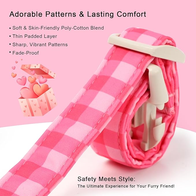 Girl Dog Collar for Puppy Small Dogs - Cute Pink Plaid Puppy Collar, Soft Adjustable Spring Summer Female Dog Collars with Quick Release Buckle XS