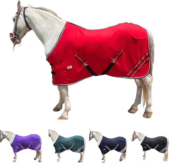 Majestic Ally Anti Pill Fleece Horse Blanket/Sheet with Silver Braided Rope (Red, 76)