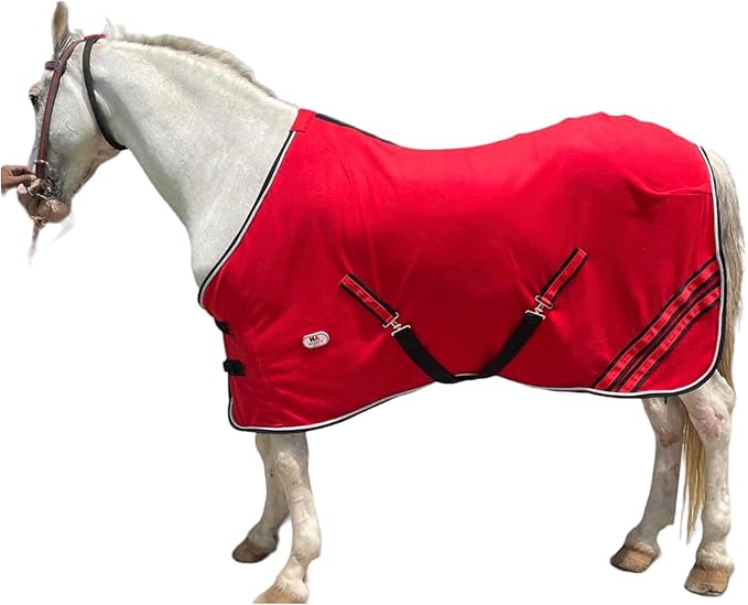 Majestic Ally Anti Pill Fleece Horse Blanket/Sheet with Silver Braided Rope (Red, 78)