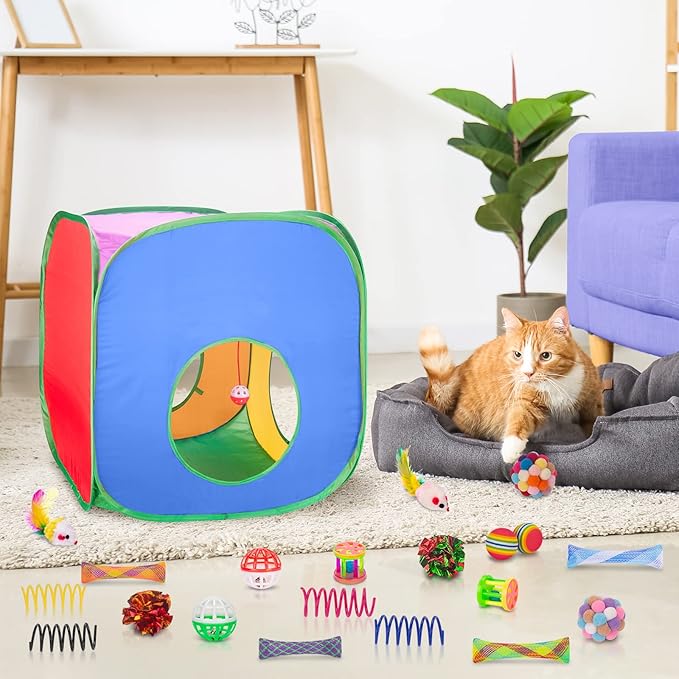 Retro Shaw Cat Toys, 33Pack Large Cats Toys, Interactive Kitten Toys for Indoor Cats Kitty with Collapsible Game Tunnel Tube Tent Feather Wand Teaser Bell Fuzzy Ball Springs Mouse Toys