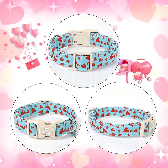 Valentines Dog Collar for Large Dogs - Cute Valentine Blue Dog Collars, Adjustable Puppy Red Hearts Collar with Quick Release Buckle for Boys&Girls Dogs L