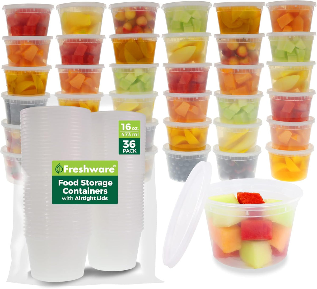 Freshware Food Storage Containers [50 Set] 34 oz Plastic Deli Containers with Lids, Slime, Soup, Meal Prep Containers, BPA Free, Stackable, Leakproof, Microwave, Dishwasher and Freezer Safe