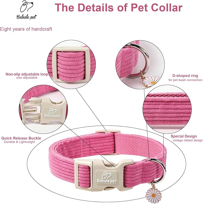 Cute Corduroy Dog Collar - Deep Rose Adjustable Dog Collars for Small Dogs 10-25lbs, Fade-Proof with Secure Snap & Little Charm, Christmas Birthday Gift, S