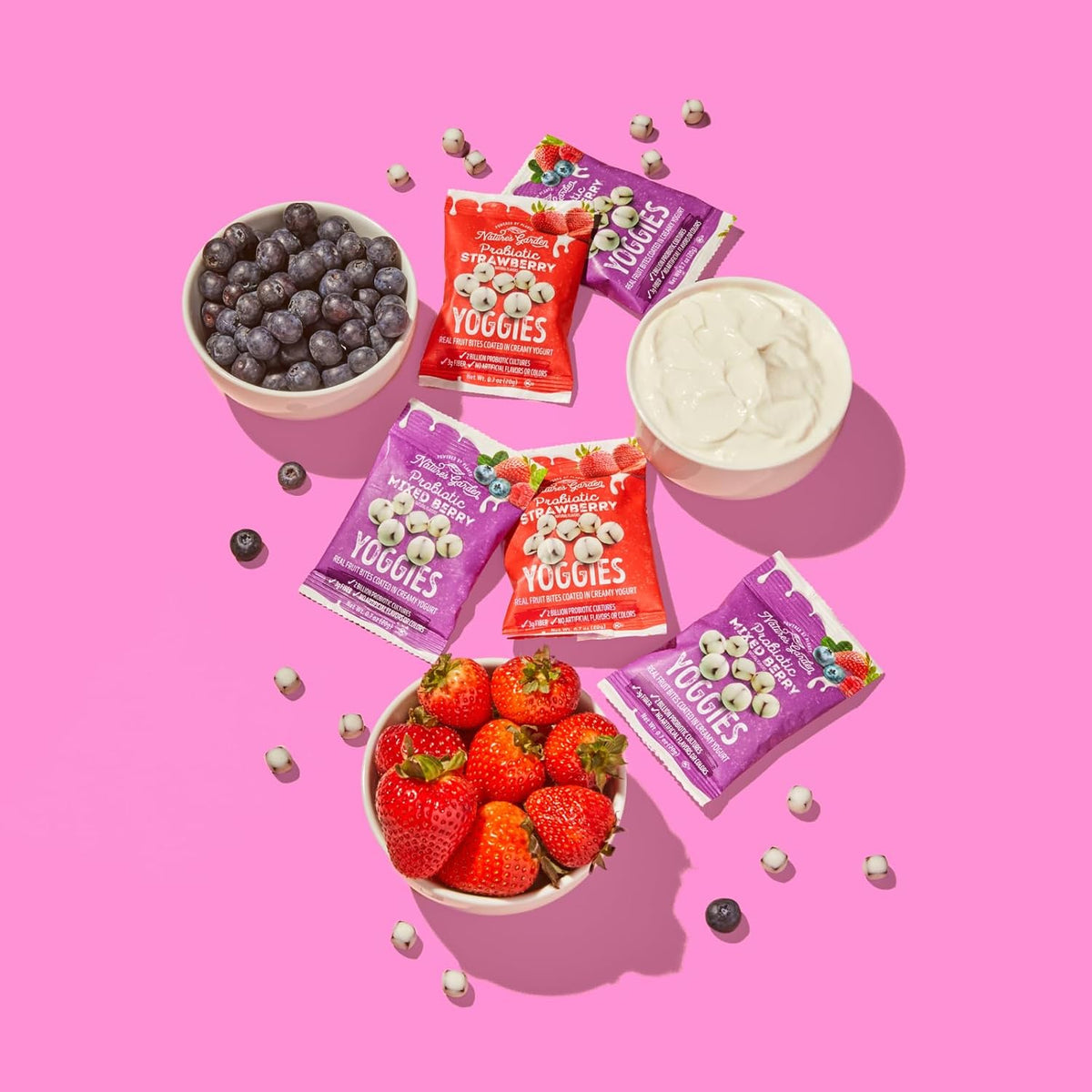 Nature's Garden Probiotic Yoggies multi-pack, 21oz, strawberry and mixed berry flavors, 0.7oz each, high fiber, real fruit pieces, no artificial ingredients