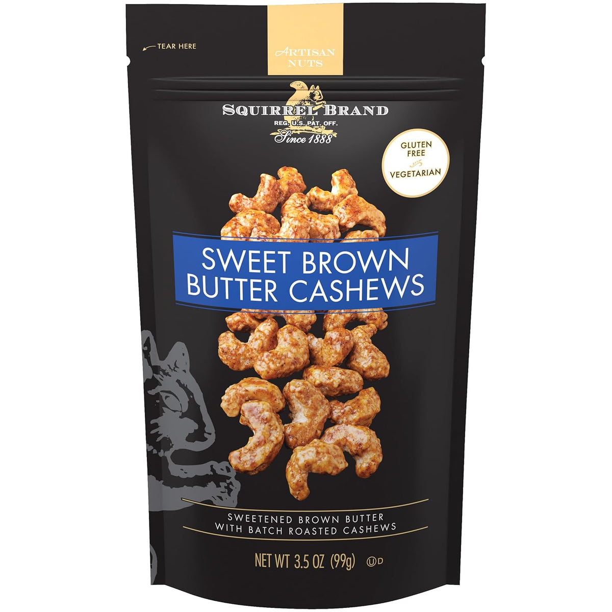 Squirrel Brand Sweet Brown Butter Cashews, 3.5 oz Resealable Bag, Gourmet Flavored Cashews Nuts, Gluten Free, Vegetarian