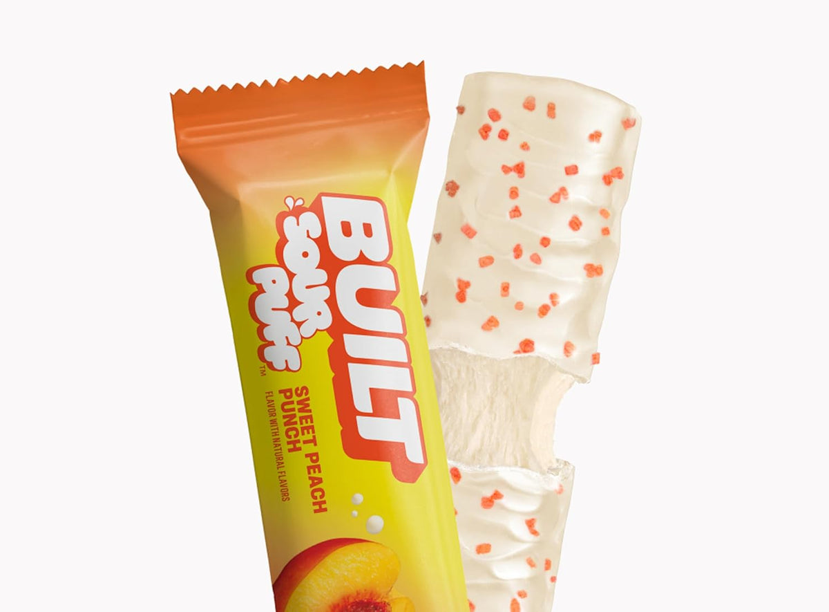 BUILT Bar Sour Puff Protein Bars - Sweet Peach Punch - 16g Protein Snack Bars with Collagen - Calorie Conscious & Gluten Free - 12 Count