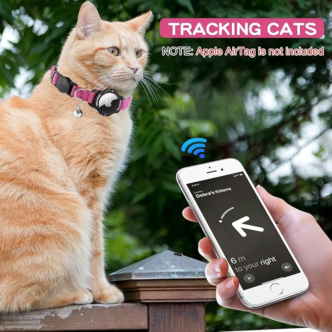 Luminous AirTag Cat Collar Breakaway, OUCWLTAG GPS Cat Collar with Apple Air Tag Holder, Cat Tracker Collars with Safety Elastic Band for Girl Boy Cats, Kittens and Puppies (Pink, 7-10 Inch)